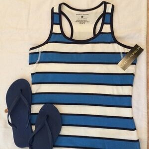 Racer back blue and white nautical striped tank top shelf bra yoga run athletic